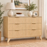 Ktaxon Fluted Dresser 6 Drawer Dresser Wood Chest of Drawers Storage Cabinet for Bedroom, Living Room Entryway Mid Century Oak