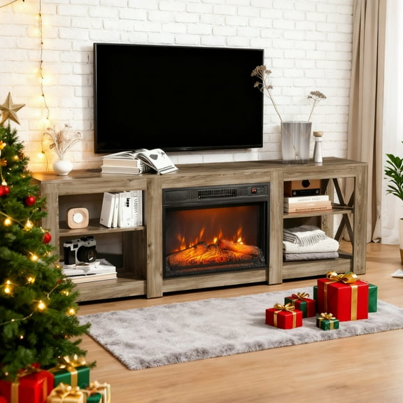Ktaxon Farmhouse 70in Entertainment Center with 23in Fireplace TV Stand Table for 60/65/70/75" TVs with Open Storage, Gray