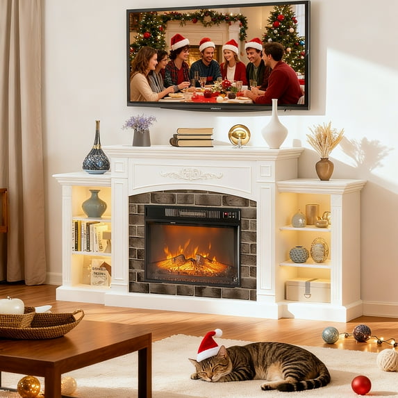 Ktaxon Modern 80" Entertainment Center with Fireplace for 60/65/70/75 TVs, Open Shelves TV Cabinet Display Storage, White