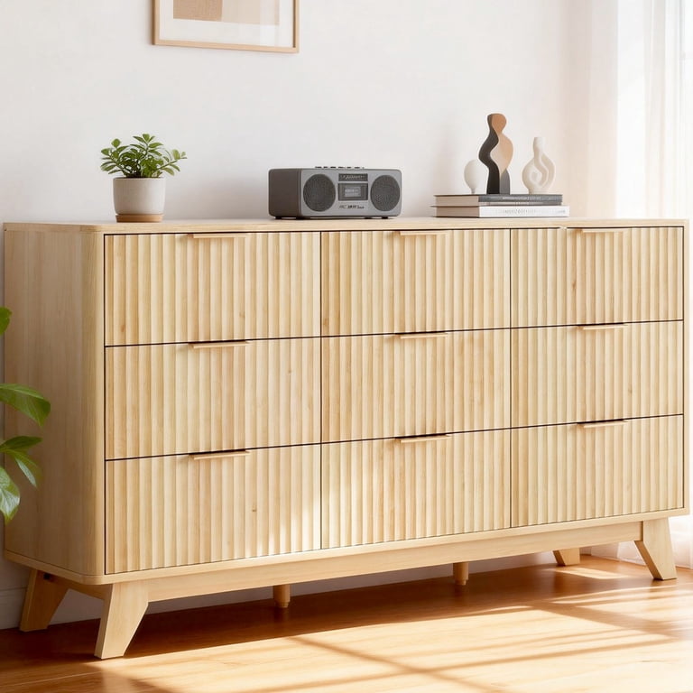 Ktaxon Modern 9 Drawer Dresser Fluted Wood Chest of Drawers with