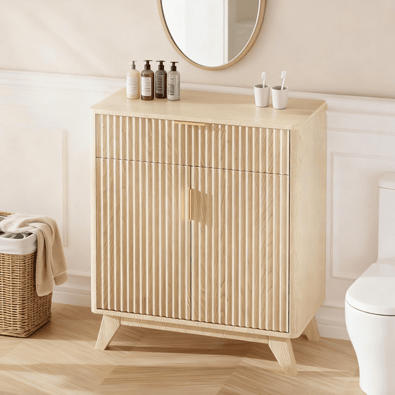 Ktaxon Modern Bathroom Cabinet with 2 Doors & Drawer, Storage Pantry with Adjustable Shelf Bathroom Floor Cupboard Wooden Freestanding for Washing Room