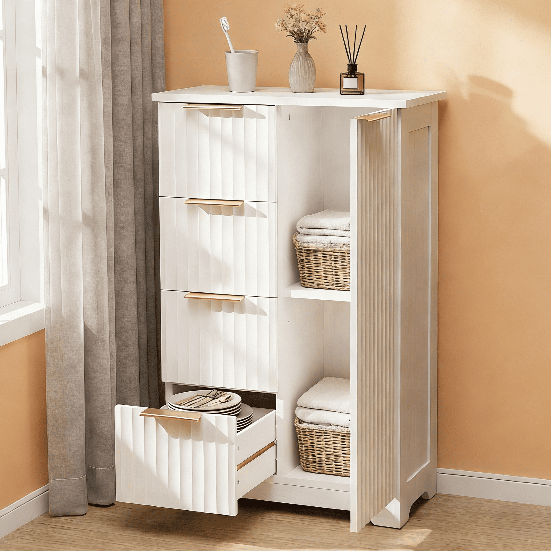 Ktaxon Modern Bathroom Floor Cabinet, Fluted Storage Cupboard with 4 Drawers & 1 Door, Freestanding Wooden Organizer for Bathroom, Living Room, White