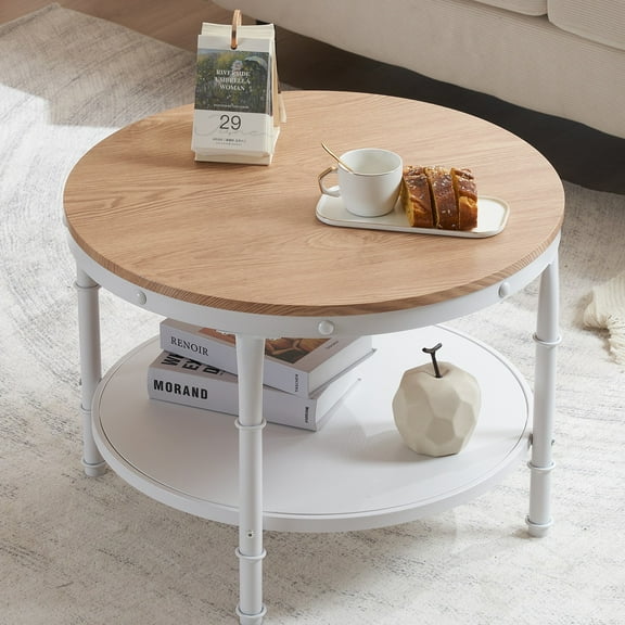 Ktaxon Modern Coffee Table Round Side Sofa Table 2-Tier Storage Center Table for Living Room, Small Space Display Cabinet, Vintage White
