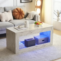 Ktaxon Modern Coffee Table with LED Light, Faux Marble High Glossy Coffee End Table with Open Storage for Living Room 47.2" Gray