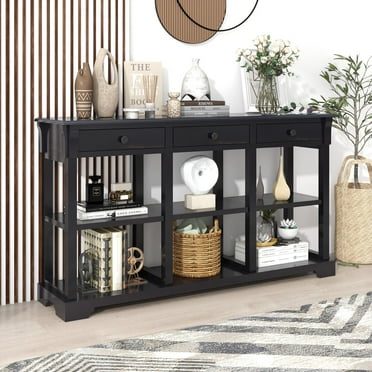 Ktaxon Modern Console Table with 3 Drawers and 3 Storage Shelves, 58" Sofa Table Narrow Long Entryway Table for Living Room, Hallway, Foyer, Kitchen, Office, Black