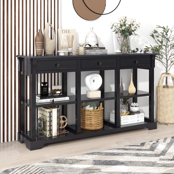 Ktaxon Modern Console Table with 3 Drawers and 3 Storage Shelves, 58" Sofa Table Narrow Long Entryway Table for Living Room, Hallway, Foyer, Kitchen, Office, Black