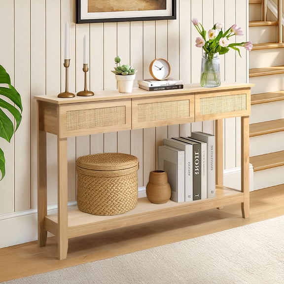 Ktaxon Modern Console Table with Drawers, 51" Rattan Entryway Table with Storage Shelf & 3 Drawers for Living Room Hallway Foyer Bedroom Office, Natural