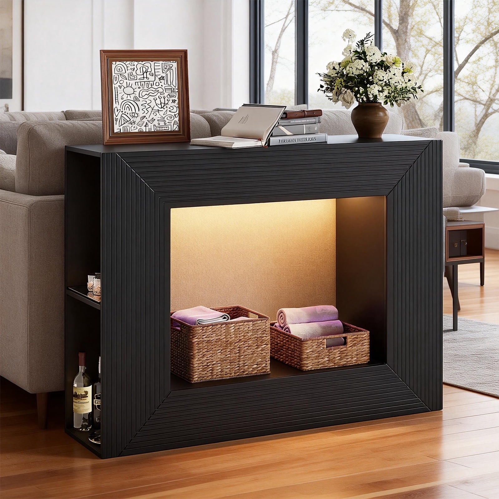 Ktaxon Modern Console Table with LED Light for Entryway, 43" Sofa Side Table with 4 Open Shelves Storage, Farmhouse Display Table Behind the Couch, Black