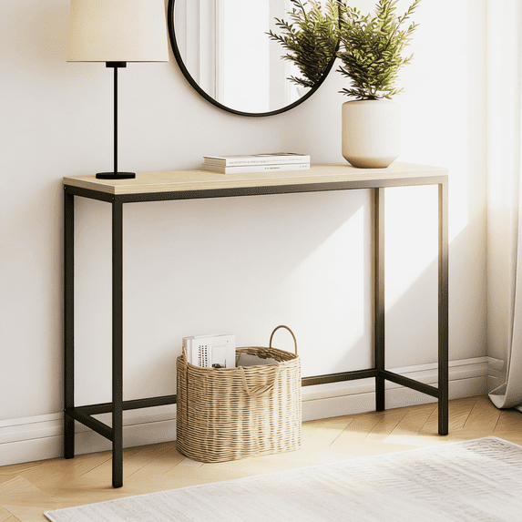 Ktaxon Modern Console Table, 41.3" Narrow Sofa Table TV Stand with Sturdy Metal Frame in Entryway, Living Room, Hallway, Bedroom, Hotel, Light Walnut