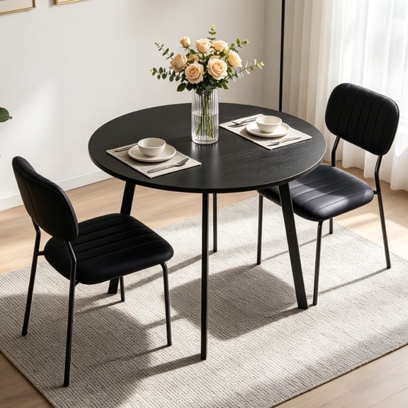 Ktaxon Modern Dining Table and Chairs Set for 2, Round 35.5" Dining Table with 2 Stackable Padded Side Chairs, 3 Pieces Kitchen Table Set for Small Spaces, Dining Room, Black