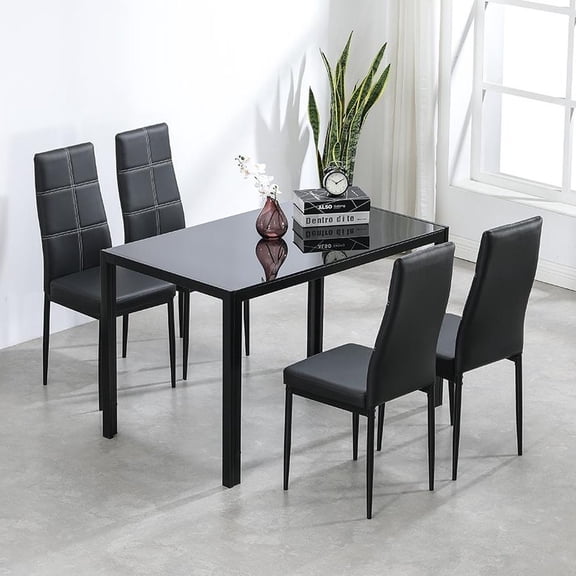 Ktaxon Modern Dining Table Set for 4, Black Glass Dining Table Set with 4 PU Upholstered Chairs, Rectangle Dining Table with Chairs for Kitchen Breakfast