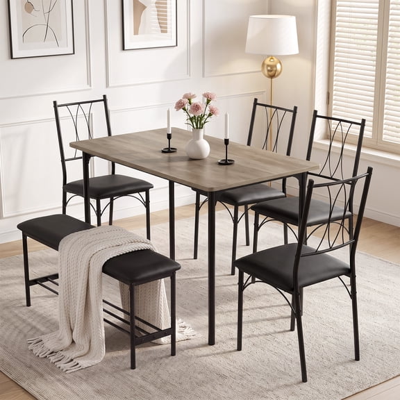 Ktaxon Modern Dining Table Set for 6, Farmhouse Dining Table with 4 PU Padded Chairs & Bench, 47.3" Rectangle Kitchen Table Set for Apartment, Small Spaces, Gray