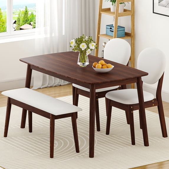 Ktaxon Solid Wood Dining Table Set for 4, Mid-Century Dining Room Table with 2 Padded Chairs & Bench, 47.3" Dining Room Set for 4 Family Use, Walnut Brown