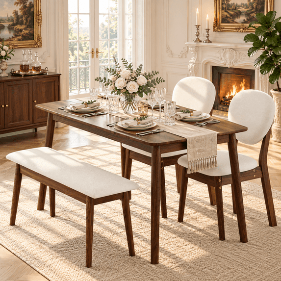 Ktaxon Solid Wood Dining Table Set for 4, Mid-Century Dining Room Table with 2 Padded Chairs & Bench, 47.3" Dining Room Set for 4 Family Use, Walnut Brown