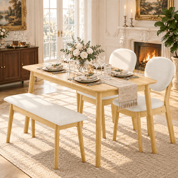 Ktaxon Solid Wood Dining Table Set for 4, Mid-Century Dining Room Table with 2 Padded Chairs & Bench, 47.3" Dining Room Set for 4 Family Use, Natural
