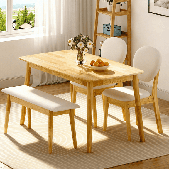 Ktaxon Solid Wood Dining Table Set for 4, Mid-Century Dining Room Table with 2 Padded Chairs & Bench, 47.3" Dining Room Set for 4 Family Use, Natural