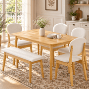 Ktaxon Solid Wood Dining Table Set for 6, Mid-Century Dining Room Table with 4 Padded Chairs & Bench, 47.3" Dining Room Set for 4~6 Family Use, Natural Wood