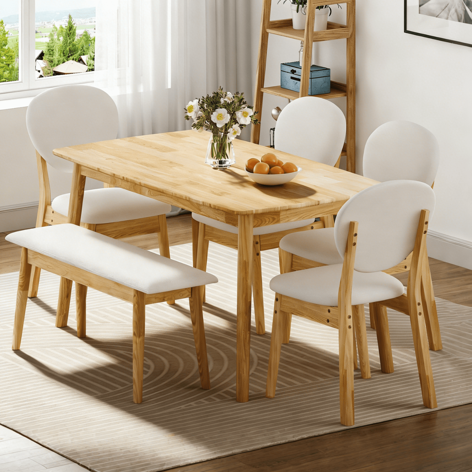 Ktaxon Solid Wood Dining Table Set for 6, Mid-Century Dining Room Table with 4 Padded Chairs & Bench, 47.3" Dining Room Set for 4~6 Family Use, Natural Wood