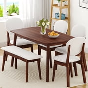 Ktaxon Solid Wood Dining Table Set for 6, Mid-Century Dining Room Table with 4 Padded Chairs & Bench, 47.3" Dining Room Set for 4~6 Family Use, Walnut