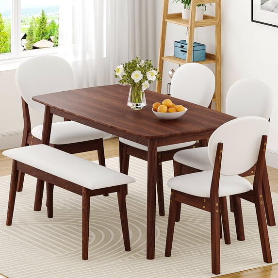 Ktaxon Solid Wood Dining Table Set for 6, Mid-Century Dining Room Table with 4 Padded Chairs & Bench, 47.3" Dining Room Set for 4~6 Family Use, Walnut