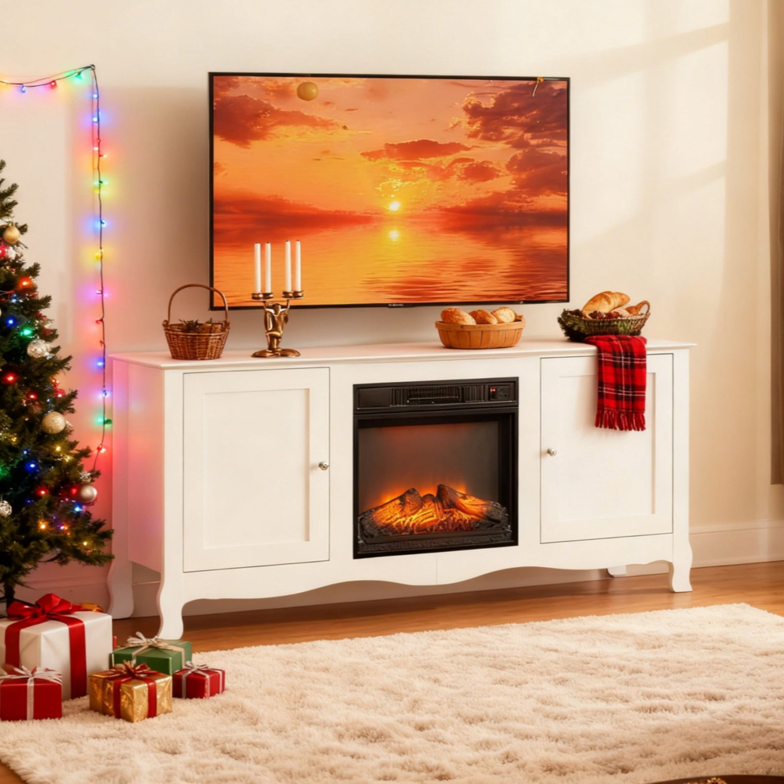 Ktaxon Modern Fireplace TV Stand, White Entertainment Center Curved Design Leg with 2 Doors for 55/60/65" TVs, White