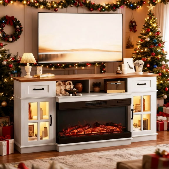 Ktaxon Modern 70" TV Stand with Fireplace, Entertainment Center with 36in Heater for 55/60/65/70" TVs with 2 Doors, Drawers & Shelves, Washed White