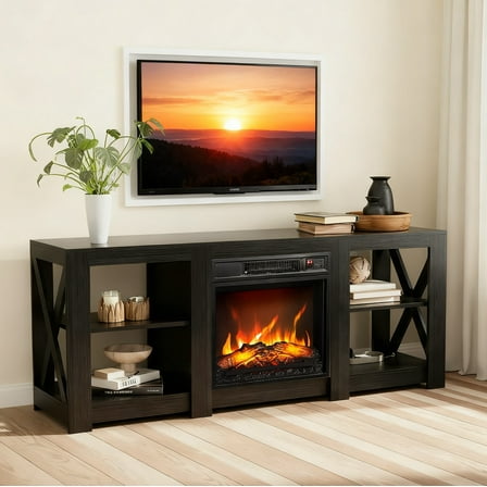 Ktaxon Mid-Century Fireplace TV Stand, Modern 58" Entertainment Center for 55/60/65" TVs with Adjustable Open Storage, Black