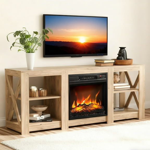 Ktaxon Mid-Century Fireplace TV Stand, Modern 58" Entertainment Center for 55/60/65" TVs with Adjustable Open Storage, Natural