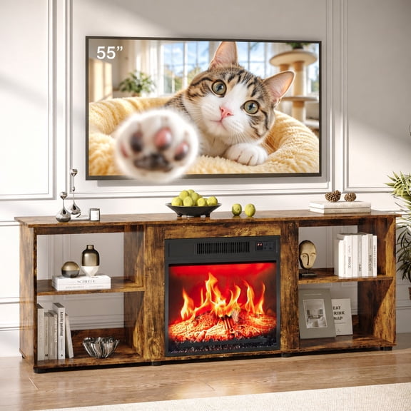 Ktaxon Modern Fireplace TV Stand, 58" Entertainment with 18in Electric Fireplace Heater, 4 Open Shelves, Large Storage for Living Room, Home, Apartment, Brown