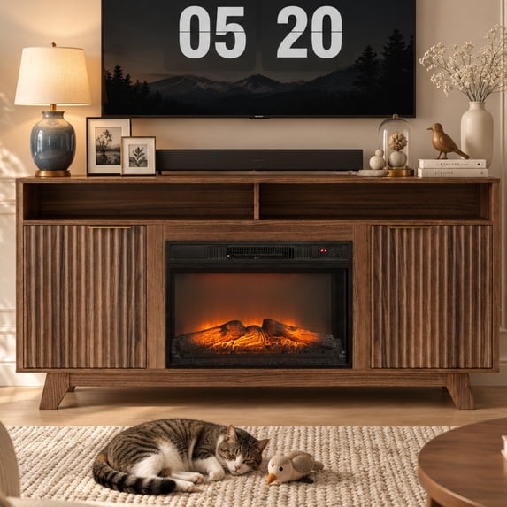 Ktaxon Fireplace TV Stand with Electric Fireplace, 58 Inch Entertainment Center for TVs Up to 65", Mid Century Modern TV Console with Storage Cabinets and Open Shelves, Walnut