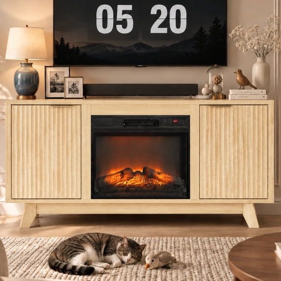 Ktaxon Fireplace TV Stand with Electric Fireplace, 58 Inch Entertainment Center for TVs Up to 65", Mid Century Modem TVConsole with Storage Cabinets, Light Oak