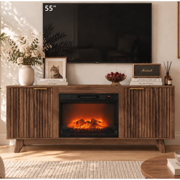 Ktaxon Fireplace TV Stand with Electric Fireplace, 58 Inch Entertainment Center for TVs Up to 65", Mid Century Modem TVConsole with Storage Cabinets, Walnut