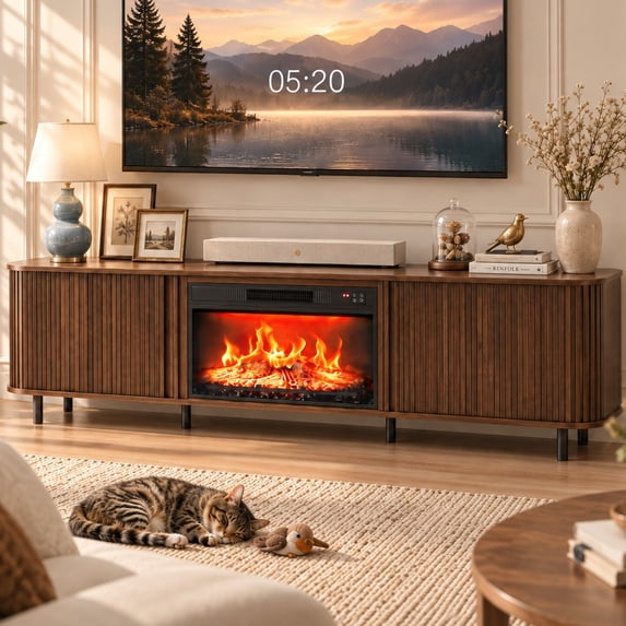 Ktaxon Modern Fireplace TV Stand, 70" Wood Entertainment Center with 23" Electric Fireplace Heater, 2 Tambour Doors for Living Room, Bedroom, Home, Walnut