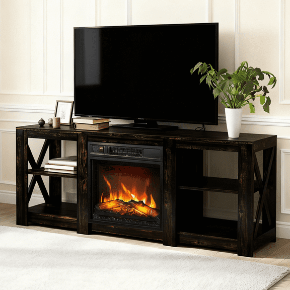 Ktaxon Modern Fireplace TV Stand with 18" Elctric Heater, Entertainment Center for 65inches TVs with 2 Adjustable Shelves, Black