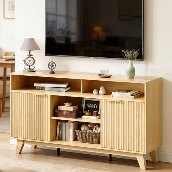 Ktaxon Modern Fluted TV Stand for 55/60/65" TVs, Wood Entertainment Center with 2 Doors and 4 Open Shelves Storage for Living Room, Home, Light Walnut