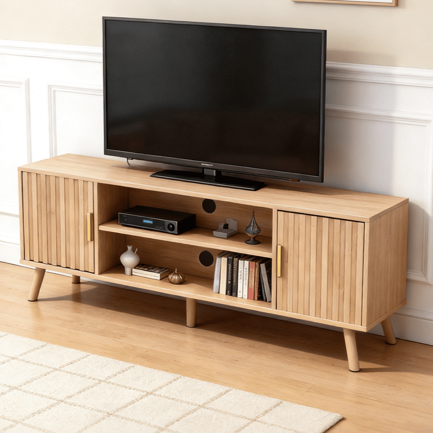 Ktaxon Modern Fluted TV Stand, 59" Television Stand for 55/60/65" TVs with 2 Doors and Adjustable Shelves, Media Console Storage Cabinet, Natural Wood