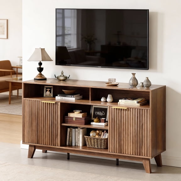 Ktaxon Modern Fluted TV Stand for 55/60/65" TVs, Wood Entertainment Center with 2 Doors and 4 Open Shelves Storage for Living Room, Home, Dark Walnut