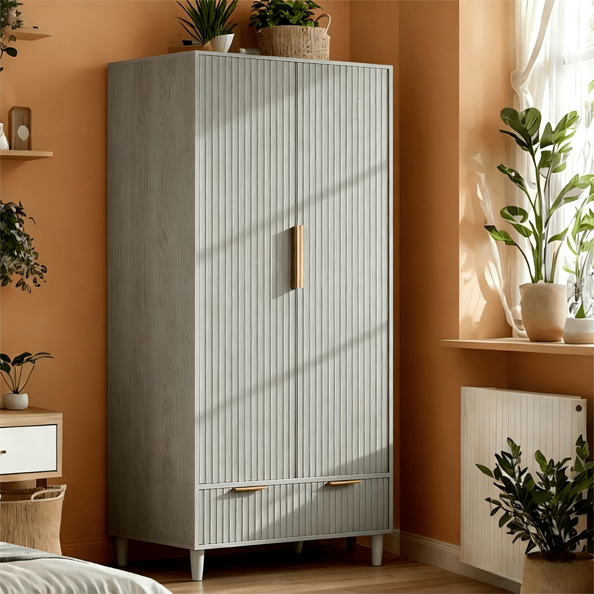 Ktaxon Fluted Wardrobe Closet Armoire with Hanging Rod, Modern Drawer