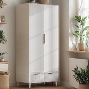 Ktaxon Fluted Wardrobe Closet Armoire with Hanging Rod, Modern Drawer & Shelf   Elegant White Finish Closet with Wood Handles, Farmhouse to Mid-Century Style