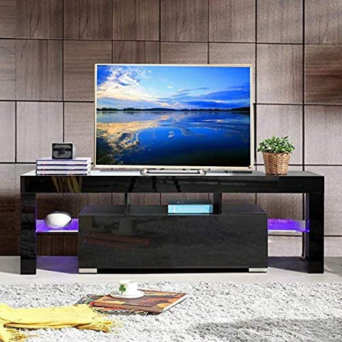 Ktaxon Modern LED Light TV Stand, Storage Console Cabinet Furniture with LED Drawer and Shelves, Entertainment Center for Living Room, Black