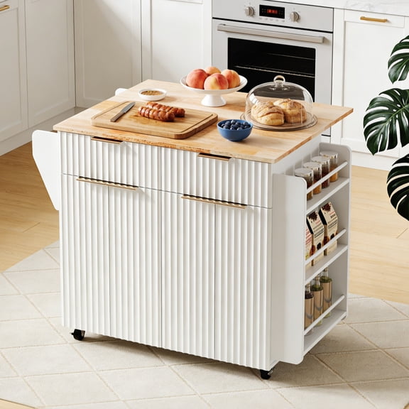 Ktaxon Modern Kitchen Island with Drop-Leaf, 35" Mobile Kitchen Rolling Cart with Spice Rack, Pantry Cabinet with Storage Shelves on Wheels, White