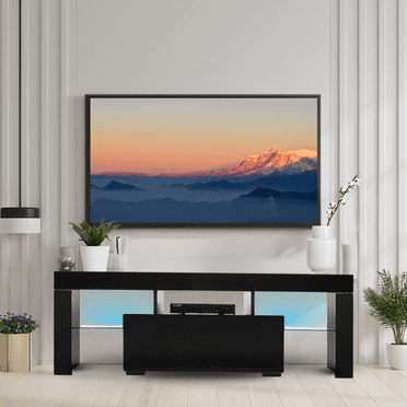 Ktaxon Modern LED Light TV Stand, Storage Console Cabinet Furniture with LED Drawer and Shelves, Entertainment Center for Living Room, Black