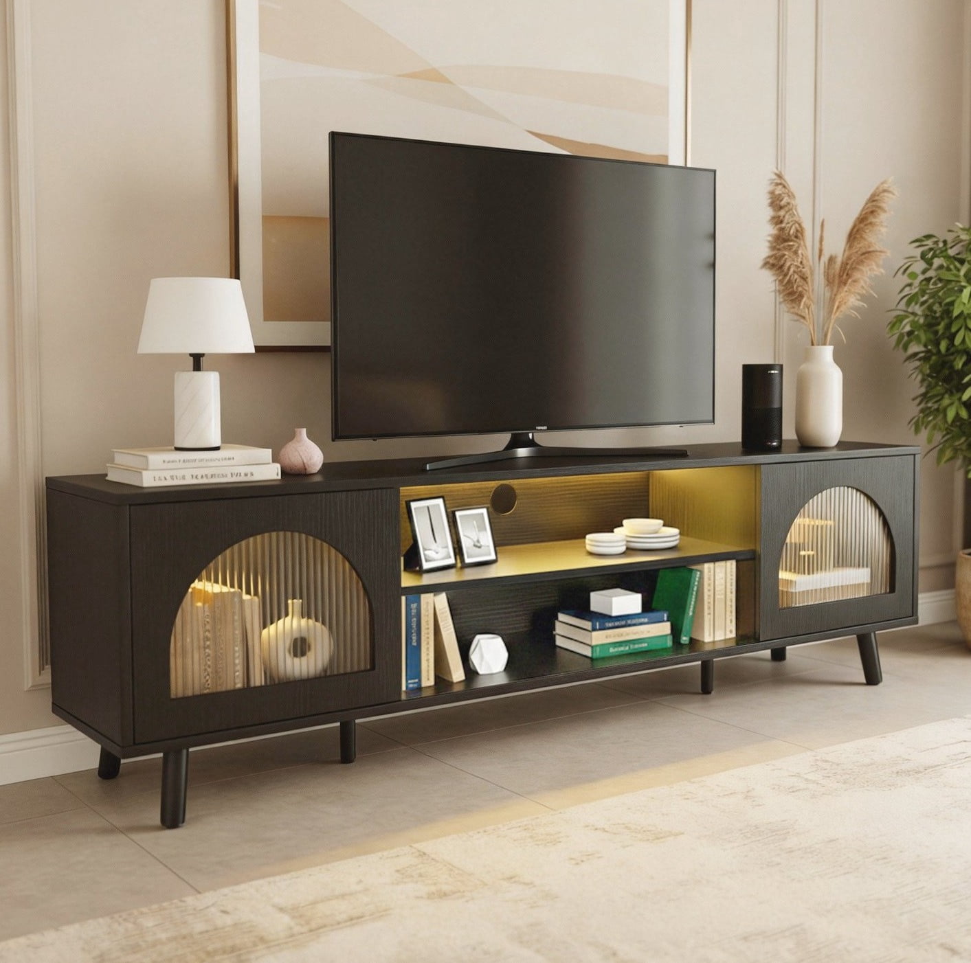 Ktaxon Modern LED TV Stand with 2 Fluted Arched Doors, 63" Entertainment Center Media Gaming Console for 55/60/65" TVs with RGB Lighting, Black
