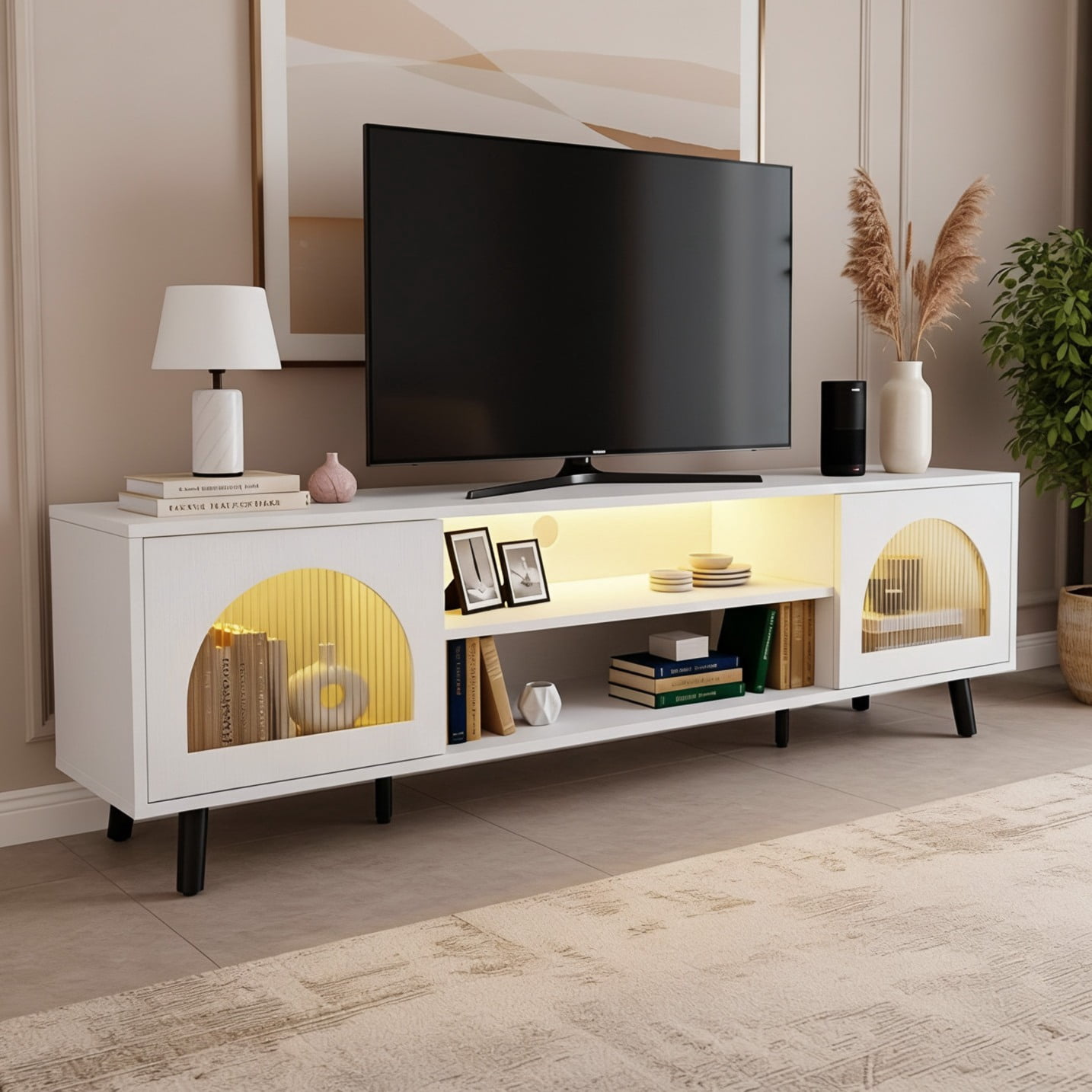 Ktaxon Modern LED TV Stand with 2 Fluted Arched Doors, 63" Entertainment Center Media Gaming Console for 55/60/65" TVs with RGB Lighting, White