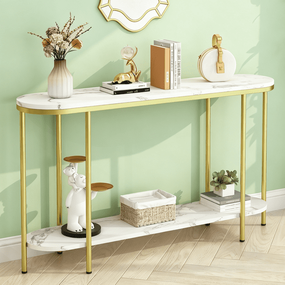 Ktaxon Modern Entryway Table 2 Tier for Entrance, Oval Sofa Coffee Desk Home Furniture with Storage Shelves, Display TV Table Metal Frame & Faux Marble Tabletop, Gold & White