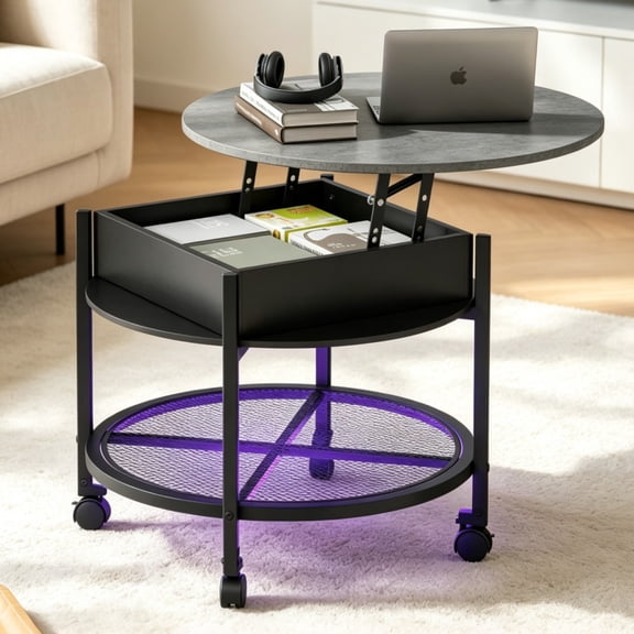 Ktaxon Adjustable Height Round Coffee Table with Storage, Rolling Snack Tray Side Table with Lockable Wheels, RGB Ambient Light Multifunctional Couch Desk Gaming Table Laptop Stand, Retro Gray