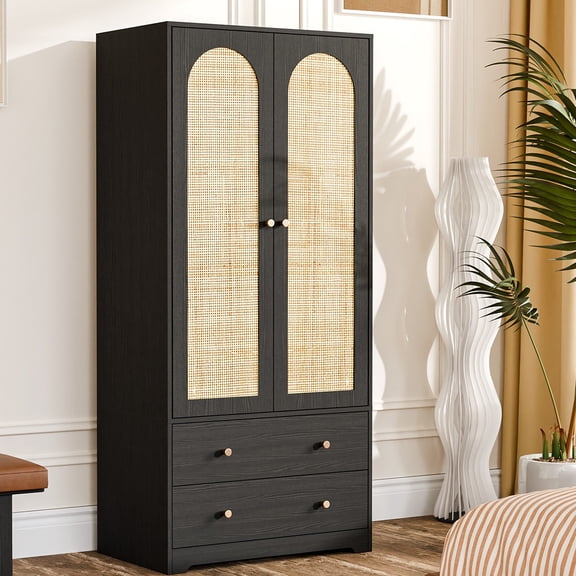 Ktaxon Fluted Wardrobe Closet Armoire with Hanging Rod, Modern Drawer & Shelf – Elegant White Finish Closet with Wood Handles, Farmhouse to Mid-Century Style