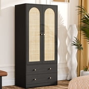 Ktaxon Fluted Wardrobe Closet Armoire with Hanging Rod, Modern Drawer & Shelf   Elegant White Finish Closet with Wood Handles, Farmhouse to Mid-Century Style
