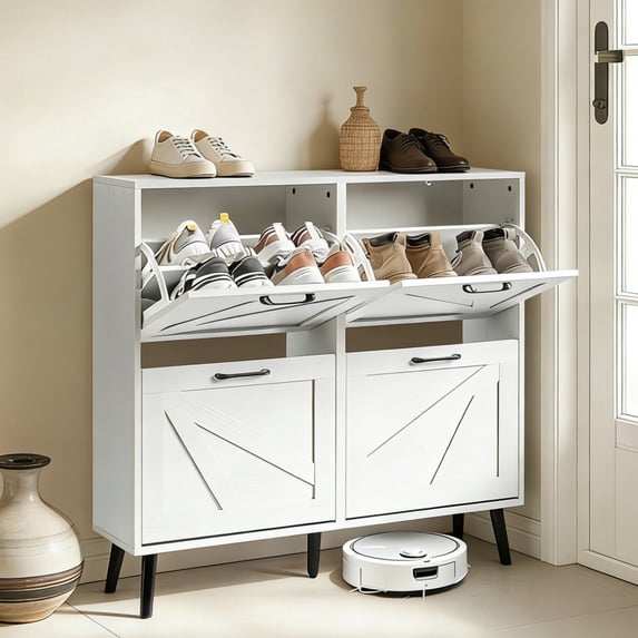 Ktaxon Shoe Cabinet with 4 Flip Drawers Farmhouse Shoe Storage Cabinet Organizer for Entryway, White