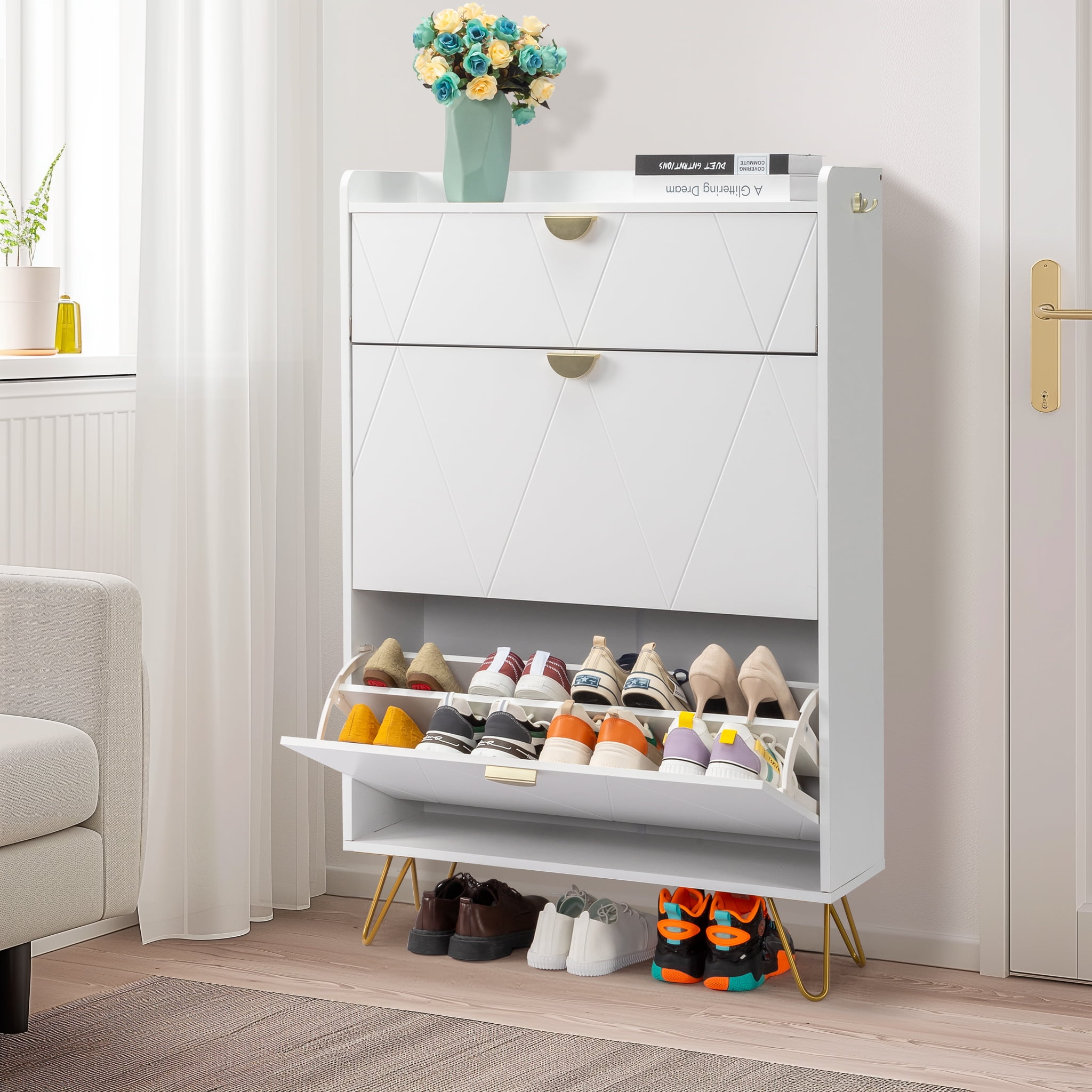 Ktaxon Modern Shoe Cabinet with 2 Flip Doors & Adjustable Storage Rack 16 Pairs, Top Drawer for Hallway Entryway , White